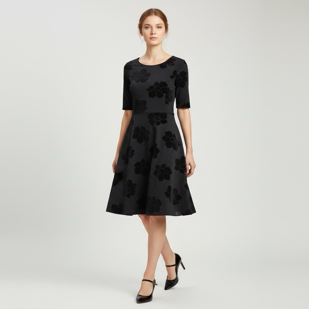 Lands End Fit Flare Velvet Burnout Holiday Party Preppy Minimalist Dress L/P Blk